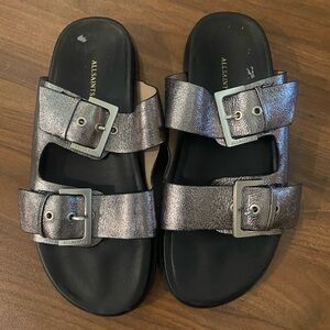 New ALLSAINTS Women’s Mia Metallic Silver Strap Sandal Size US 8.5/EU 39